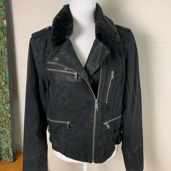 Vintage Levi’s Black Genuine Nubuck Leather Faux Fur Moto Jacket Size L Biker - Picture 1 of 14